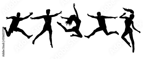 Tablou canvas men and women, people jumping silhouette isolated, vector
