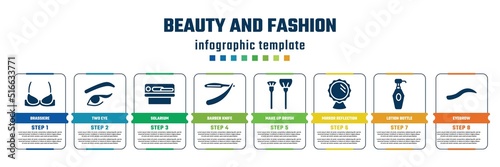 beauty and fashion concept infographic design template. included brassiere, two eye, solarium, barber knife, make up brush, mirror reflection, lotion bottle, eyebrow icons and 8 steps or options.