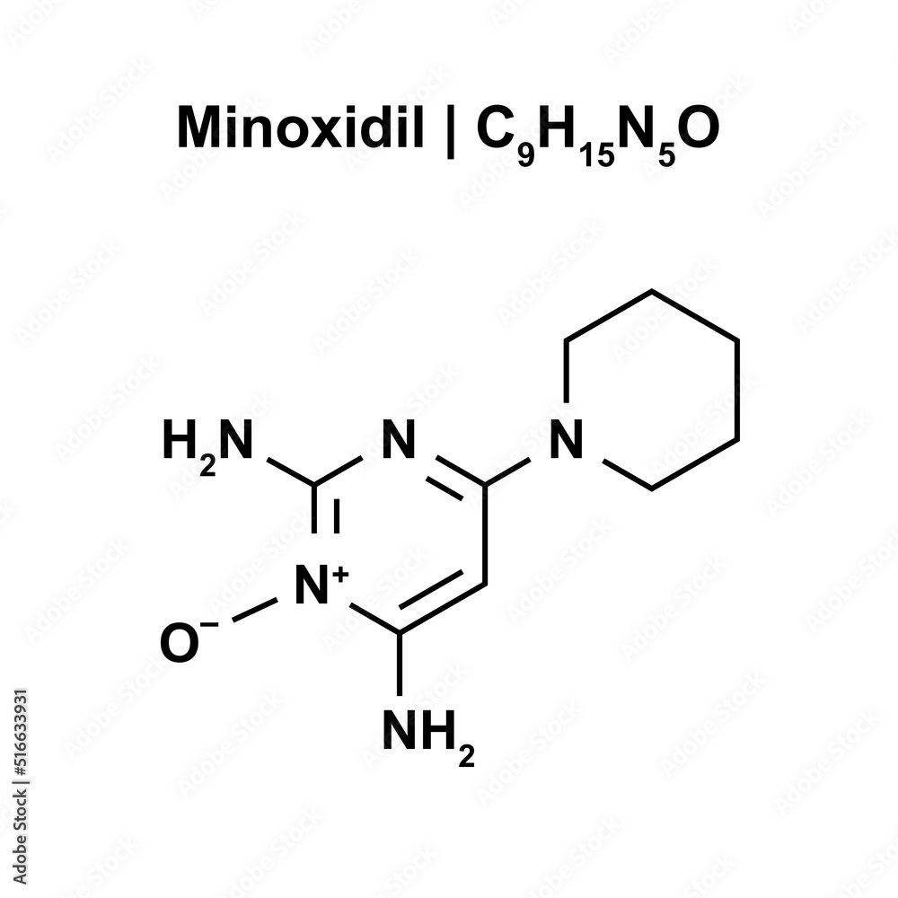 Minoxidil Molecule (C9H15N5O) Chemical Structure. Vector Illustration.