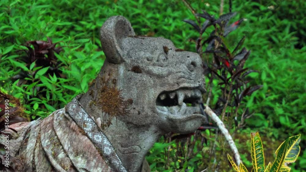 Stone statue of evil tiger standing in jungle with open mouth Stone statue of evil tiger standing in jungle with open mouth