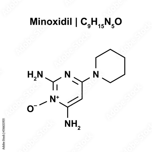 Minoxidil Molecule (C9H15N5O) Chemical Structure. Vector Illustration.