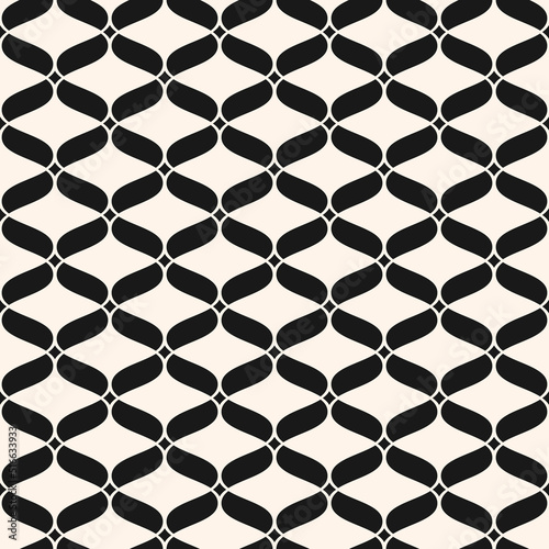 Vector seamless pattern. Abstract graphic monochrome background with wavy mesh, lattice, curved grid. Black and white texture of weaving, net, lace. Elegant repeat design for decor, textile, decor