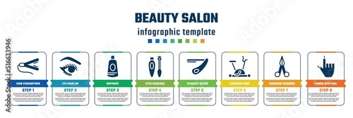 beauty salon concept infographic design template. included hair straightner, eye make up, ointment, eyes mascara, straight razor, excersive bike, manicure scissors, finger with nail icons and 8