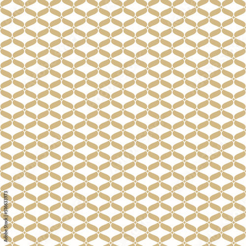 Golden vector seamless pattern. Abstract luxury background with wavy mesh  lattice  curved grid. Simple gold and white graphic texture of weaving  net  lace. Elegant repeat design for decor  wallpaper