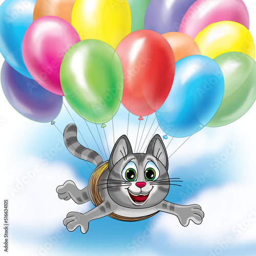 Illustration, cat flies in balloons in the clouds
