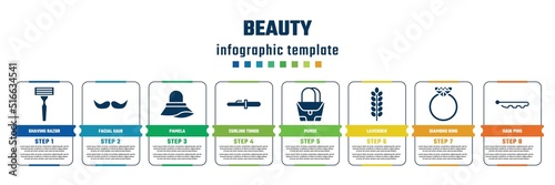 beauty concept infographic design template. included shaving razor, facial hair, pamela, curling tongs, purse, lavender, diamond ring, hair pins icons and 8 steps or options.