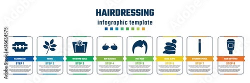 hairdressing concept infographic design template. included razorblade, herbs, weighing scale, sun glasses, man hair, snail slime, eyebrow pencil, hair softener icons and 8 steps or options.