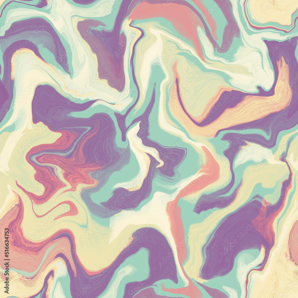 Abstract seamless pattern. Marble swirl futuristic acrylic illustration with distortion. Colorful background. Vibrant texture for modern design, print, fabric, textile, wallpaper.