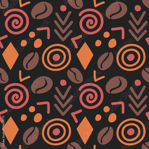 Abstract African seamless pattern with coffee beans. Ethical minimalist wrapping paper. Afro oriental wallpaper. Beautiful geometric simple shapes. 