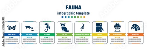 fauna concept infographic design template. included jerky treats, dog eating, sea horse, cat toy, nymphicus hollandicus, biscuits, hamster wheel, parrot head icons and 8 steps or options.