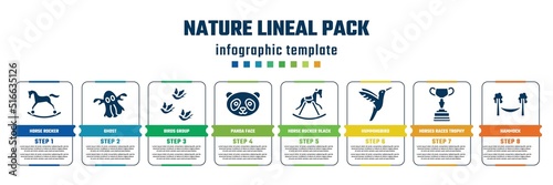 nature lineal pack concept infographic design template. included horse rocker, ghost, birds group, panda face, horse rocker black, hummingbird, horses races trophy, hammock icons and 8 steps or