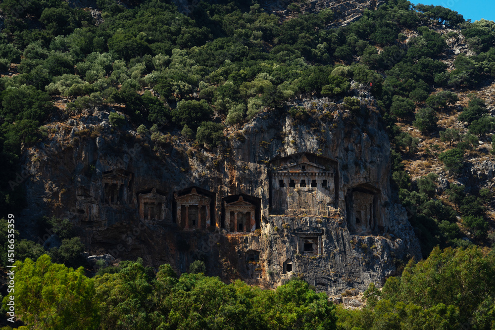 Lycian tombs near Dalyan across the Dalyan river in Mugla Province located between the districts of Marmaris and Fethiye on the south-west coast of Turkey