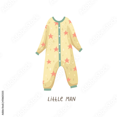 Children's vector illustration with a children's jumpsuit and lettering.