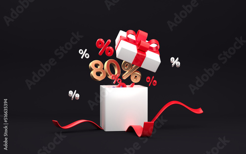 Black Friday sale concept. Open gift box with ribbons and 80% percent sign inside the box. Sale advertisement concept. Modern design, 3d rendering.