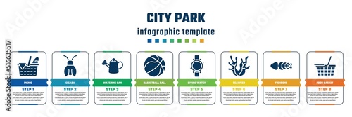 city park concept infographic design template. included picnic, cicada, watering can, basketball ball, diving watch, seaweed, fishbone, food basket icons and 8 steps or options.