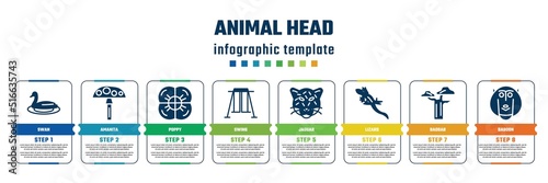 animal head concept infographic design template. included swan, amanita, poppy, swing, jaguar, lizard, baobab, baboon icons and 8 steps or options.