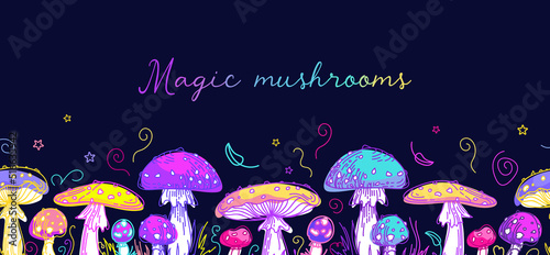 Psychedelic mushrooms border. 60s hippie, colorful poisonous fly agaric. Sketch style graphic modern illustration with cosmic magic mushrooms. Witch mushrooms for Halloween. National Mushroom Day.