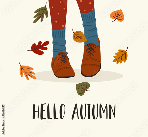 Cute Autumn illustration. Womens feet in boots. Vector design for card, poster, flyer, web and other