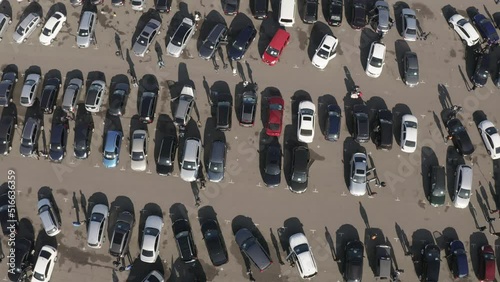Different used cars at auto market. Drone video