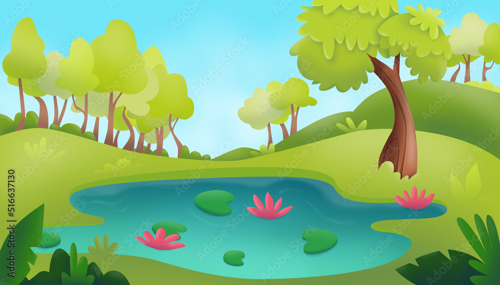 Obraz premium landscape forest lake. Cute illustration.