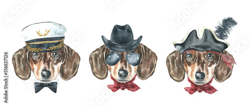 Watercolor dog breed daschund illustration set, dog head hipster portrait, cute funny dog in costume classic hat, navy officer hat, cowboy,pirate, puppy fashion print, sticker,baby shower card invite