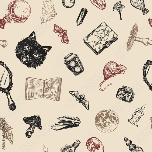 Halloween witchcraft seamless pattern. Ornament of realistic sketches of poisonous mushrooms, spooky animals, witch attributes, occult items. Vector illustration in retro engraving style.