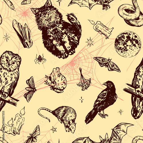Halloween spooky animals, witchcraft seamless pattern. Ornament of wild life, herbs, crystals, candles, insects. Vector illustration in retro engraving style