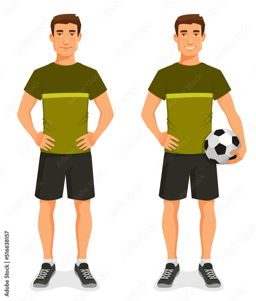 handsome young man in sport outfit, holding a soccer ball. Healthy lifestyle and fitness concept. Cartoon illustration. Isolated on white.