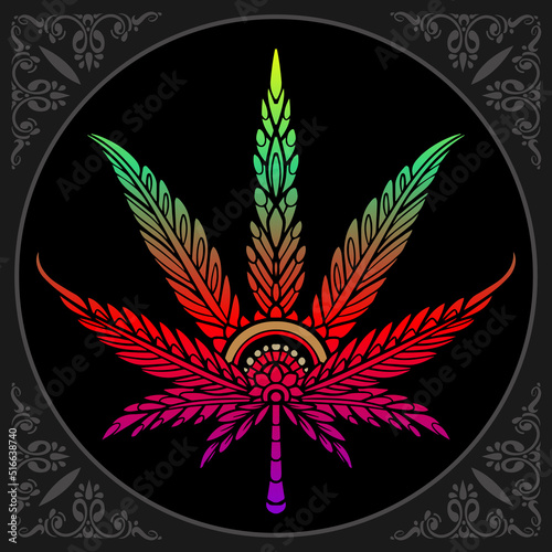 Colorful Cannabis leaf zentangle arts isolated on black background