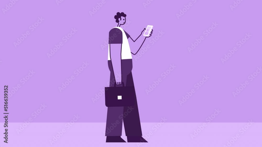 Purple Style Man with Briefcase Flat Character Walking Cycle with Smartphone Information. Isolated Loop Animation with Alpha Channel Purple Style Man with Briefcase Flat Character Walking Cycle with Smartphone Information. Isolated Loop Animation with Alpha Channel