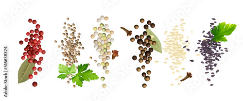 the composition of handfuls, mounds of multicolored black, red and white pepper, coriander and sesame seeds, bay leaf and coriander leaves, cloves. Vector realistic drawing, without background.