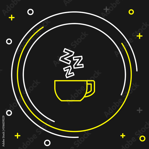 Line Chamomile tea icon isolated on black background. A useful therapeutic drink from flowers of chamomile medicinal. Colorful outline concept. Vector