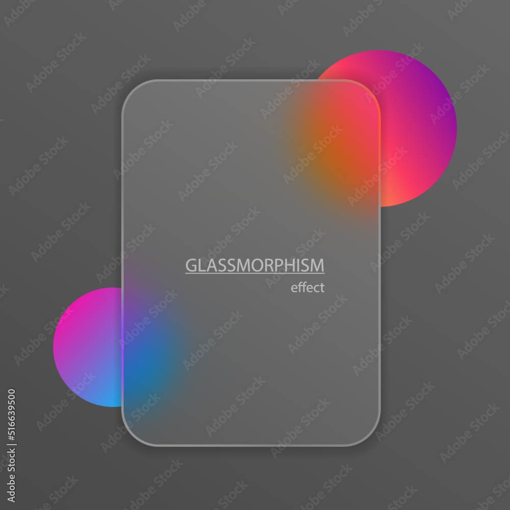 3d geometric shape with glassmorphism effect plate. Transparent matte glass screen mockup. Pink blue red purple sphere shapes. Trendy effect of frosted glass. Smartphine application UI.