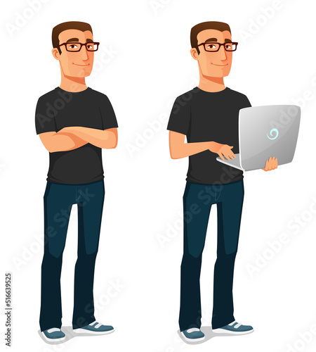 handsome young man holding a laptop or standing with his arms crossed. Funny cartoon character, isolated on white.