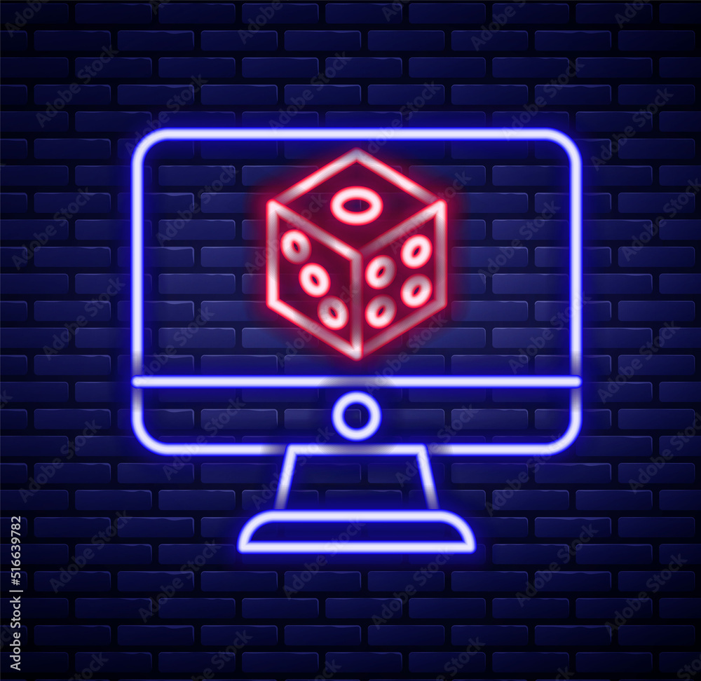 Glowing neon line Game dice icon isolated on brick wall background. Casino gambling. Colorful outline concept. Vector Glowing neon line Game dice icon isolated on brick wall background. Casino gambling. Colorful outline concept. Vector