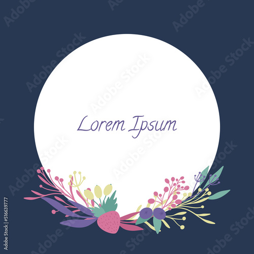 Dark blue rectangle background with strawberry wreath and white circle. Vector illustration.