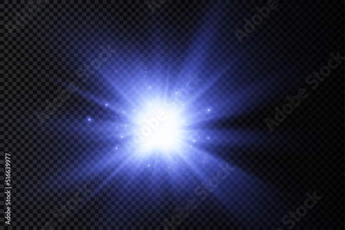 Glow bright light star, blue sun rays, sunshine.