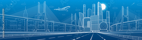 Infrastructure city panorama. Large cable-stayed bridge. Airplane fly. Empty highway. Night modern city on background, towers and skyscrapers, urban scene, vector design art 