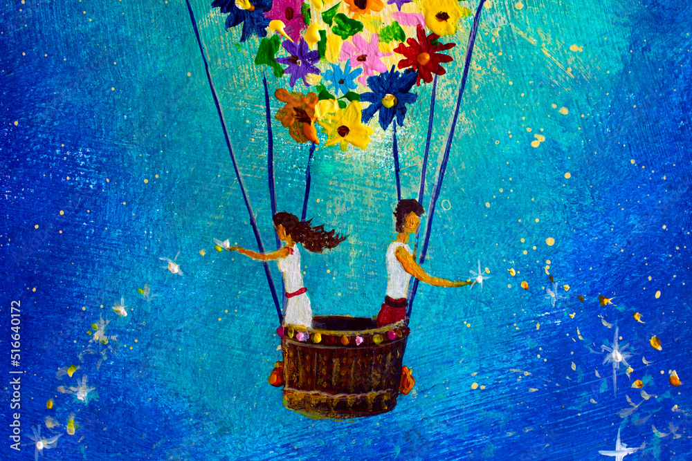 romantic painting Lovers in a balloon of flowers in space send love ...