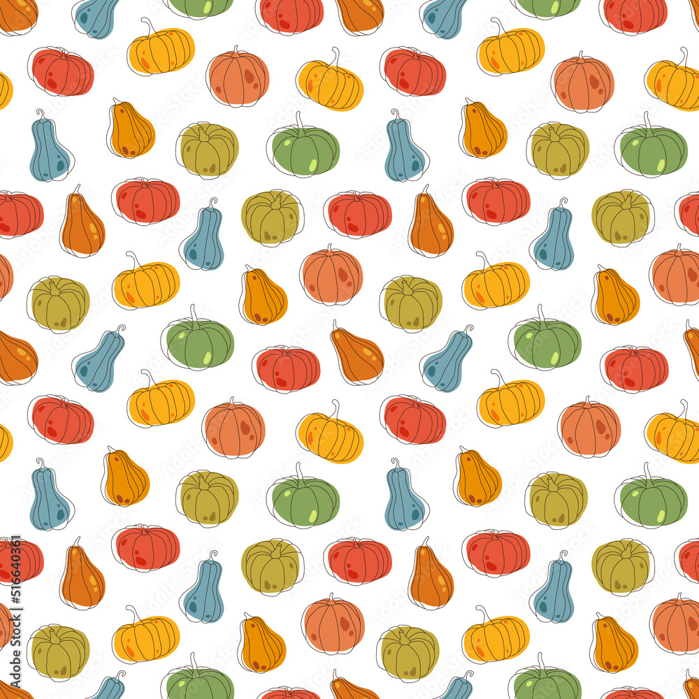 Seamless pattern with pumpkins. Vegetables doodle pattern illustration.