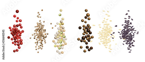 the composition of handfuls, mounds of multicolored black, red and white pepper, coriander and sesame seeds, bay leaf and coriander leaves, cloves. Vector realistic drawing, without background.