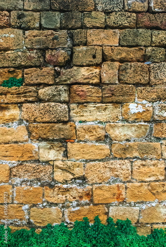 Ancient Brick Wall. A Wall of old, cracked bricks or stones, with a Weathered Surface and Green Grass