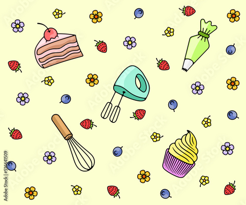 Confectionery, food, confectionery utensils, seamless vector background, wallpaper, banner, pattern. Piece of cake, cupcake, electric mixer, whisk, pastry bag, berries and flowers, vector design