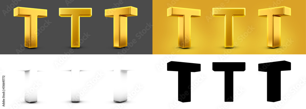Letter T in 3d metal gold with shadow caster and yellow background and alpha channel