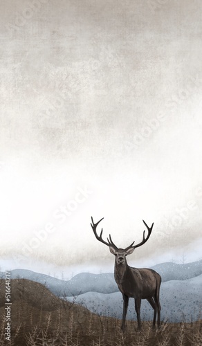 Scandinavian poster with deer and hills, watercolor style landscape