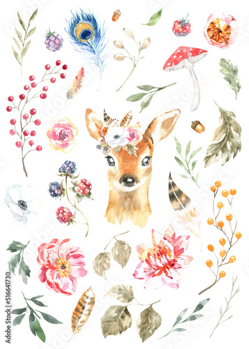 Watercolor woodland deer animal boho illustration set. Forest floral botanical elements berry,greenery, peony, anemone isolated. Create character, frame, card for wedding,baby shower,invite diy 