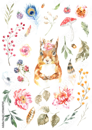 Watercolor woodland squirrel animal boho illustration set. Forest floral botanical elements berry,greenery, peony, anemone isolated. Create character, frame, card for wedding,baby shower,invite diy 