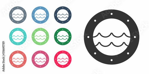 Black Ship porthole with rivets and seascape outside icon isolated on white background. Set icons colorful. Vector photo