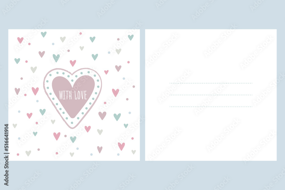Cute children's greeting card with love happy birthday hearts and lines, dots and rainbow