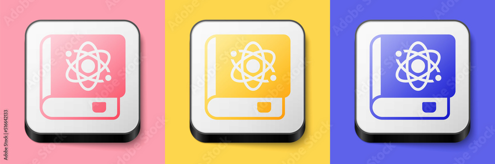 Isometric Book about physics icon isolated on pink, yellow and blue background. Square button. Vector Isometric Book about physics icon isolated on pink, yellow and blue background. Square button. Vector
